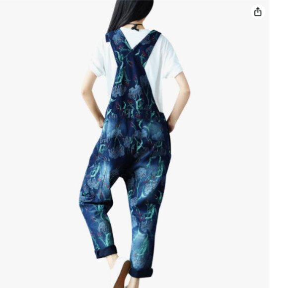 Denim Jean Overalls Japanese Floral Artsy Distressed Carpenter Loose Fit Large - Picture 3 of 16